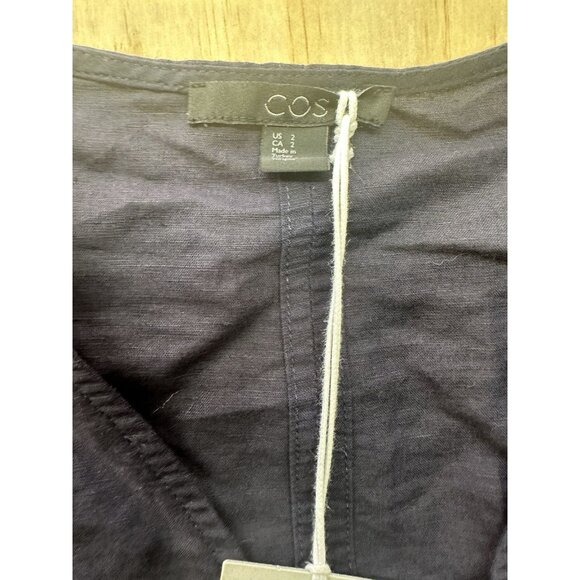 COS Sz 2 Navy Linen Shirt Top Puffy Sleeves V Neck Lightweight Blue - Picture 2 of 7